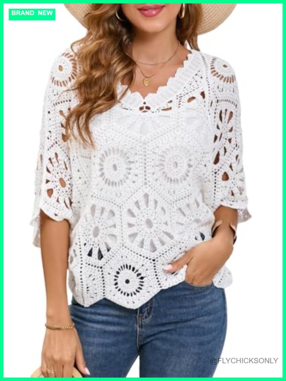 WESURE Crochet Top Boho Hollow Out V-Neck Pullover Lace Cover Up